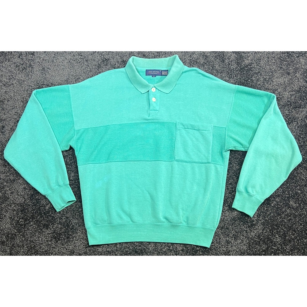 VTG 1980s Van Heusen Sportswear Long Sleeve Polo Sweatshirt Medium Mint Green